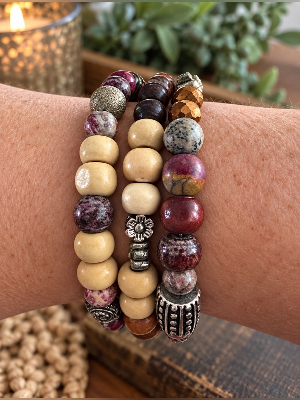 Handmade Boho Memory Wire Wrap Beaded Bracelet